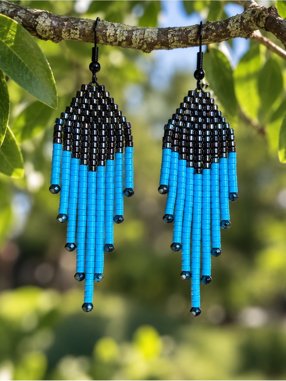 Turquoise and Black Seed Bead Fringe Earrings - Women Jewelry